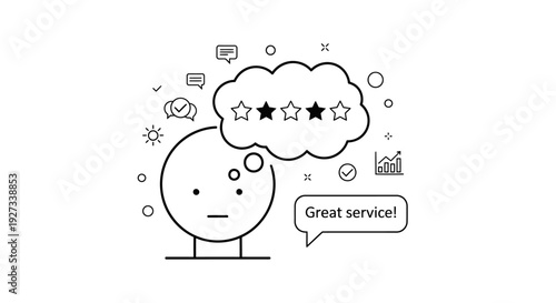 Simple stylized character thinks about five-star satisfaction and positive feedback indicated by a speech bubble containing stars and the words great service for customer experience.