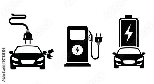 Electric cars charging at a modern station with a charging point, cable, and plug, highlighting electric vehicle technology and sustainable energy solutions