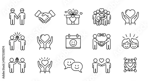 Collection of Simple Line Icons Representing Various Aspects of Human Connection and Community