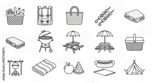 A collection of picnic and camping icons featuring various outdoor items and accessories.