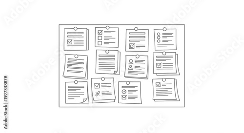 Twelve various sticky notes pinned to a surface display handwritten tasks, checklists, and informational snippets representing project management organization and planning boards.