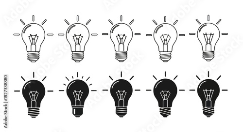 Collection of lightbulb icons in various states of illumination displayed in two rows against a clean background from a straightforward viewpoint