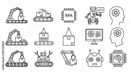 Collection of robotic machinery and artificial intelligence illustrations showcasing technology and innovation in industrial automation from a technical viewpoint