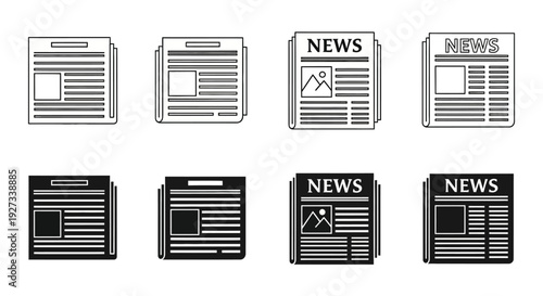 Collection of various news documents and newspaper icons displayed in a grid layout, featuring different designs and layouts, digital illustration, white background, top view