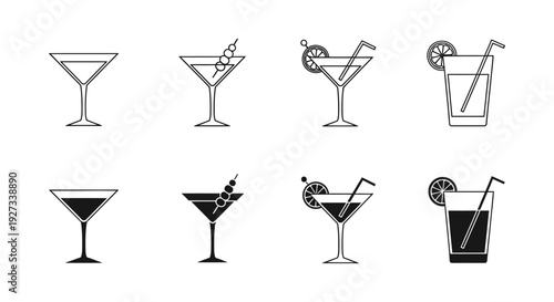 A collection of cocktail illustrations showcasing various drink styles and garnishes in a clean and simple visual representation