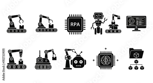 Illustration of robotic automation icons featuring RPA technology and industrial machinery in a digital workspace from a top-down viewpoint