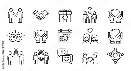 Collection of simple line icons representing people, relationships, and emotions in various interactions and celebrations