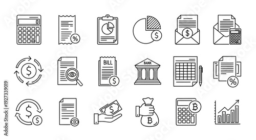 Collection of financial icons representing various aspects of business and economy in a simple line art style