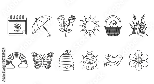Collection of simple line art icons depicting spring elements like flowers, birds, and a butterfly in a minimalist style