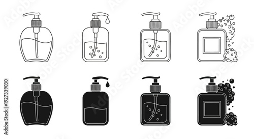 Various soap dispenser illustrations showcasing different designs and styles in a grid layout