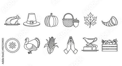 Assorted black and white line drawings of autumn and harvest elements arranged in a grid pattern on a white background from a direct viewpoint