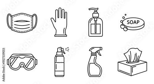 Collection of hygiene and protection icons, including face mask, gloves, and cleaning supplies, on a plain white background, viewed from directly above.
