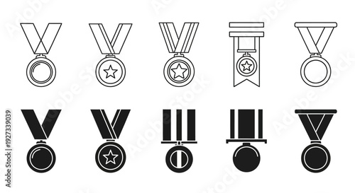 A collection of black and white medal icons, symbols of achievement and recognition, displayed in a grid pattern on a plain background, viewed from directly above.
