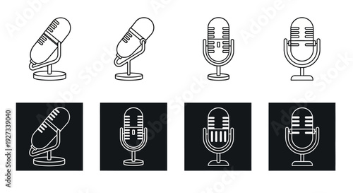 Various microphone icons in different styles and orientations on plain backgrounds, showcasing diverse designs and layouts in a visual collection.