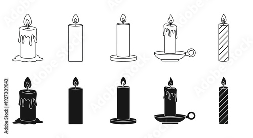 Collection of candle illustrations in various styles and states on a neutral background from a straightforward viewpoint