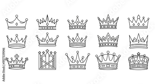 Collection of various royal crowns and coronets illustrated in a grid layout on a plain background from a straightforward viewpoint