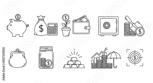Financial icons set illustrating various aspects of money management and savings from different viewpoints