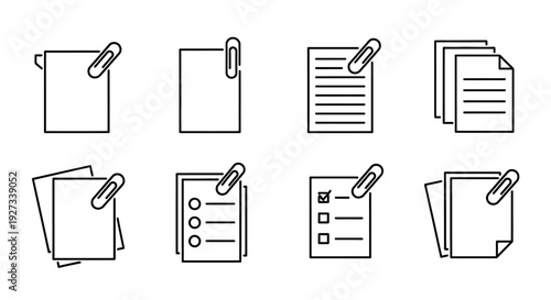 Collection of simple line icons representing various document and paper types with paperclips attached, office supplies, stationery
