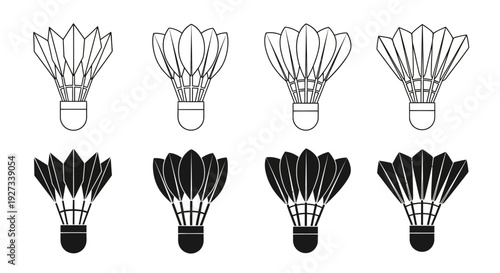 Set of shuttlecocks in various line art and solid black styles arranged in two rows on a plain background from a straightforward viewpoint.