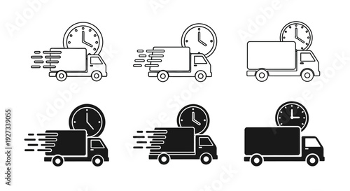 Set of delivery trucks with clocks illustrating timely transportation and logistics in various illustration styles