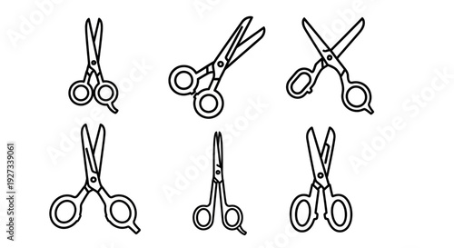 Collection of various scissors illustrations displayed together showcasing different cutting tools and techniques in a clean and simple visual presentation