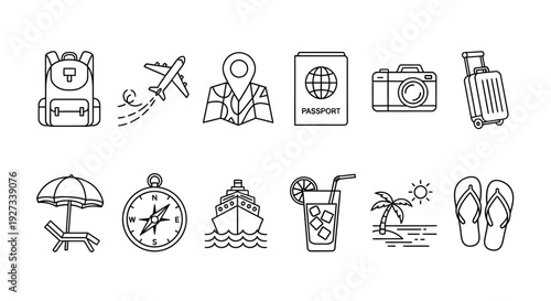 Travel icons collection featuring vacation and leisure symbols in a simple line art style