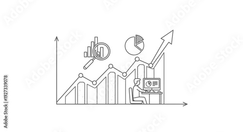 Conceptual diagram showing continuous business analytics with a rising bar chart, magnifying glass over data, pie chart, and a person working at a computer terminal.