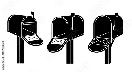 Three mailboxes with open lids and envelopes inside, standing on posts in a row, viewed from the side in a simple illustration style.
