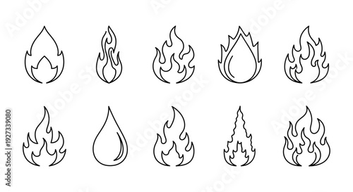 A collection of simple flame and droplet illustrations in various forms and shapes depicted in a minimalist style from a straightforward viewpoint