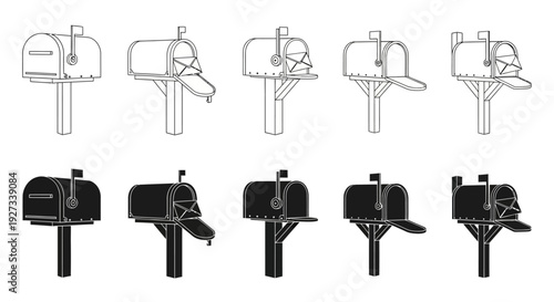 Collection of various mailbox illustrations in different styles and views showcasing diverse designs and perspectives
