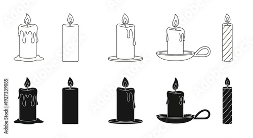 Various candle illustrations in different styles and designs showcasing silhouettes and detailed drawings of lit candles