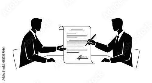 Two silhouetted businessmen in suits finalize a legal agreement by signing a large rolled contract document across a table in a stark representation of partnership commitment.