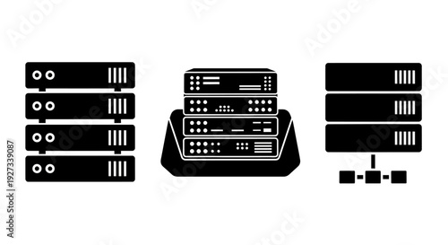 Detailed illustration of server equipment and networking devices in a data center environment from a front viewpoint