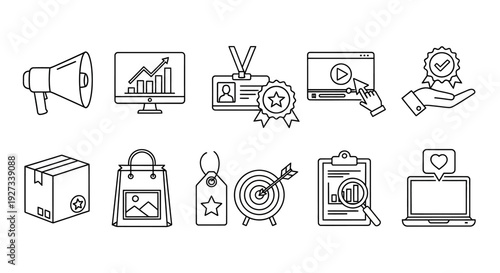 A collection of black and white icons representing marketing and business concepts on a plain background
