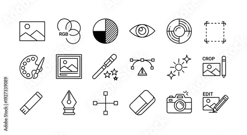 Collection of graphic design icons displayed on a clean white interface showcasing various creative tools and elements from different perspectives