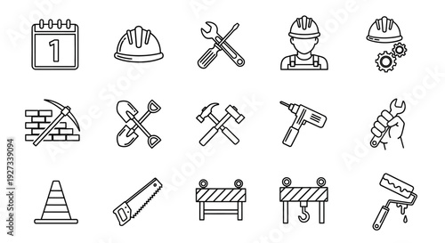 Collection of construction icons, tools and equipment, monochrome line art, simple graphics and symbols for building and renovation projects