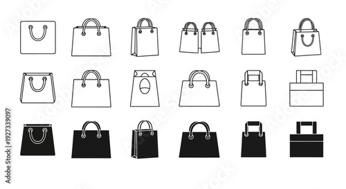 Collection of various handbags and purses illustrated in different styles and designs showcased in a grid layout