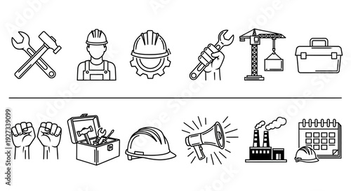 Collection of simple line icons representing various industry and construction tools and workers on a plain background viewed from a straightforward perspective.