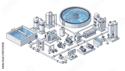 Isometric illustration of a water treatment plant with various tanks and machinery.