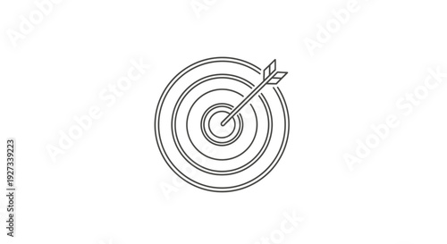 A precise archery target with concentric circles shows an arrow perfectly striking the absolute center bullseye in a minimalist outline drawing suitable for goal setting concepts.