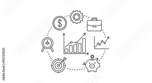 Circular diagram illustrates key business finance concepts including a rising bar chart, currency symbol, briefcase, piggy bank, and multiple targets connected by a dotted line.