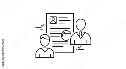Two candidates stand near a large resume document being reviewed by an interviewer, symbolizing the human resources selection and hiring process.
