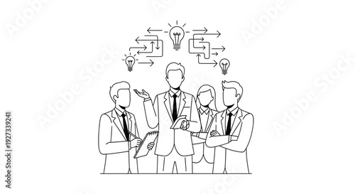Business leader presents ideas to a diverse team of professionals, surrounded by connected lightbulbs symbolizing brainstorming and collaborative innovation flow.