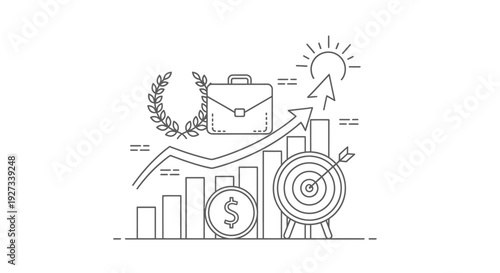 Business success elements including a rising bar graph, target, dollar coin, briefcase, laurel wreath, and sun illustrate corporate achievement and financial growth.