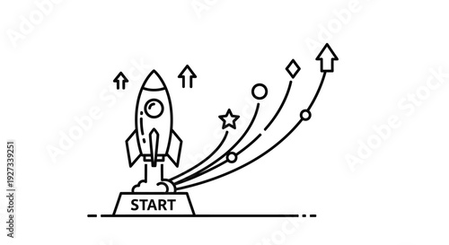 Rocket ship launching from a start platform illustrates a rapid ascent toward abstract goals represented by various geometric shapes and upward arrows.