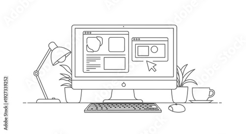 Desktop computer monitor displays multiple application windows for interface design next to a desk lamp and potted plants.