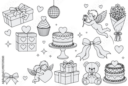 Black Line Art Valentine Love Doodles Vector Set Cute Romantic Clipart