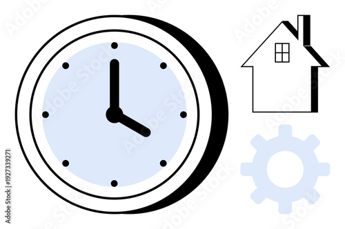 Time management, home organization, productivity, scheduling, system processes, work-life balance. Clock, house gear symbols in minimalist design. Time management and home organization concepts