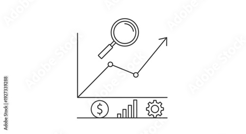 Magnifying glass hovers over an upward trending line graph showing financial growth indicators like currency and bar charts below.
