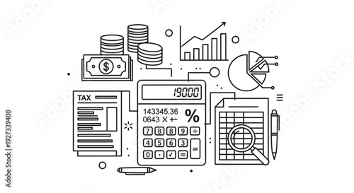 Financial accounting elements including a large calculator, stacks of currency, tax forms, and a magnifying glass over a spreadsheet illustrate complex monetary calculations.